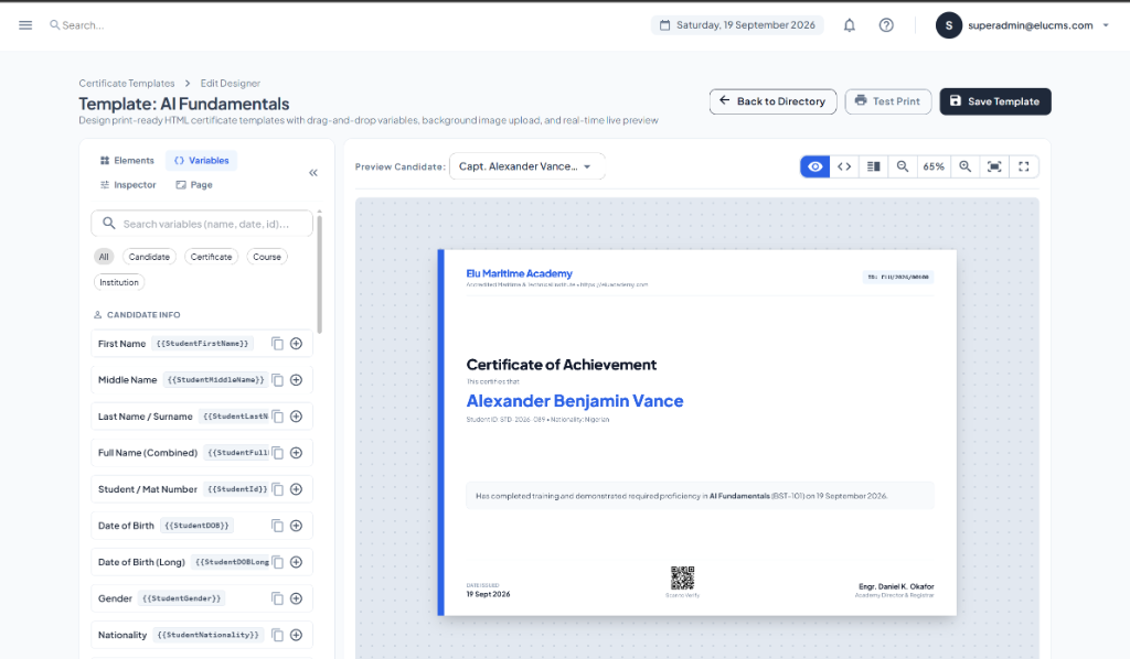 Elu CMS Interactive Certificate Template Designer