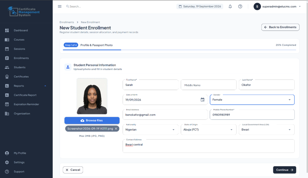 Elu CMS Student Enrollment & Passport Photo Upload Interface